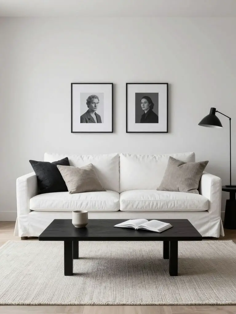 A serene Scandinavian-inspired black and white minimalist living room emphasizing soft textures and calm styling.