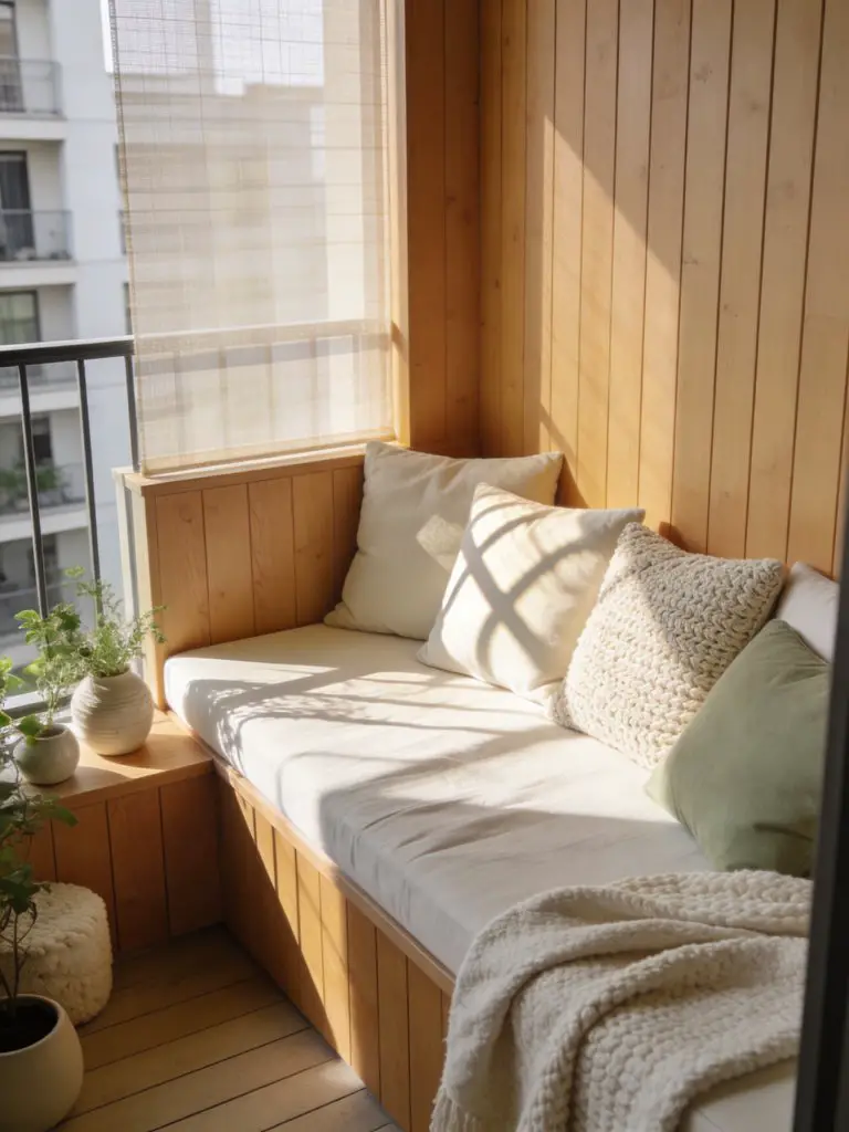 A Scandinavian small balcony design for apartments featuring a serene daybed lounge built from warm FSC oak panels.