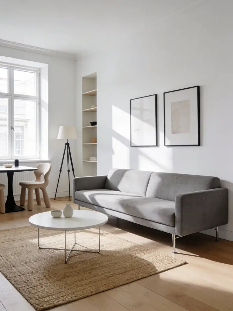 A Scandinavian inspired minimalist apartment living room filled with soft daylight and classic Nordic simplicity.