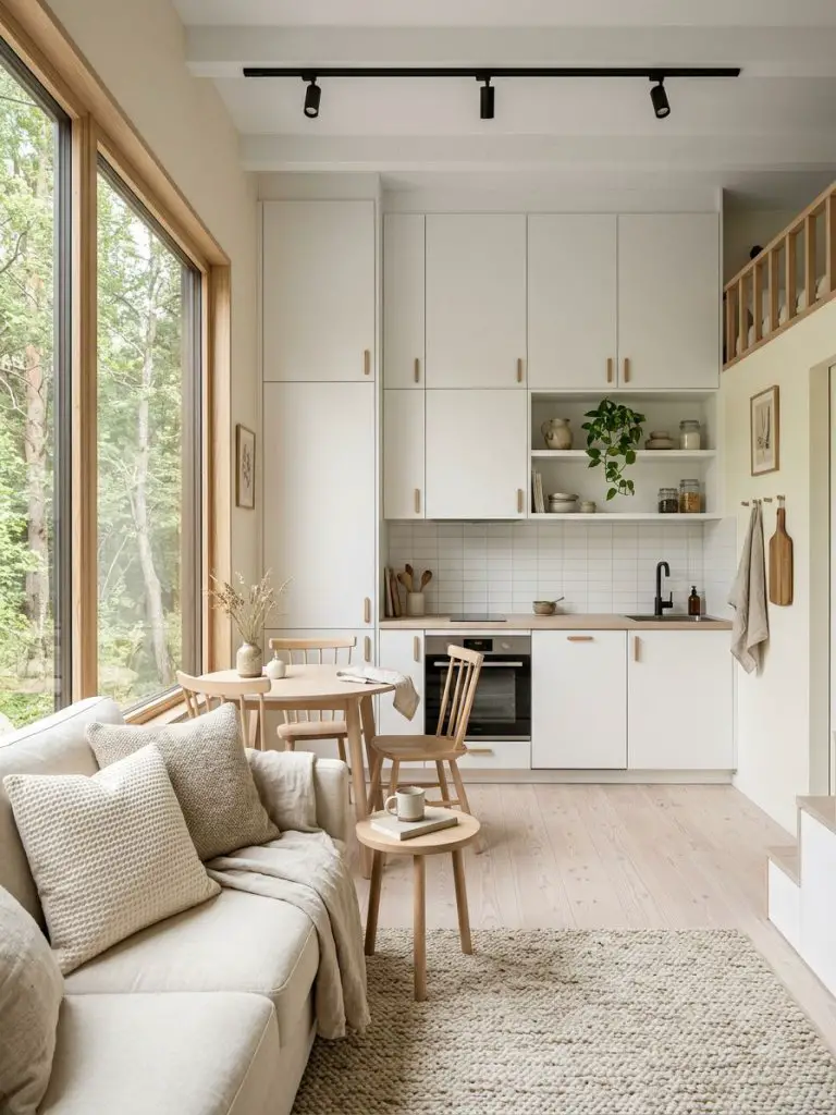 A Scandinavian inspired tiny house interior with integrated kitchen and living room designed in warm minimalist style featuring white cabine.