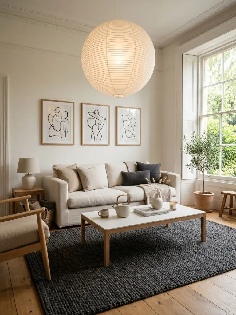A peaceful Scandinavian-inspired Japandi living room centered around soft natural light and iconic paper lantern lighting.