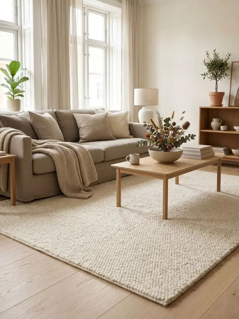 A cozy Scandinavian minimalist living room focused on layered textiles and a plush wool rug as the central feature.