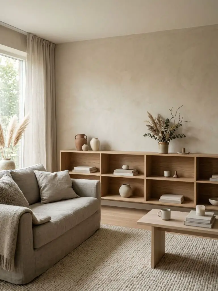 A Scandinavian minimalist living room featuring natural wood shelving as the main design feature.