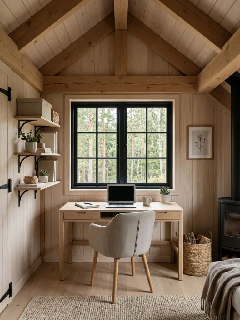 A Scandinavian loft office cabin interior with a Warm Minimalist and Nordic design influence, featuring light ash wood walls and exposed tim.