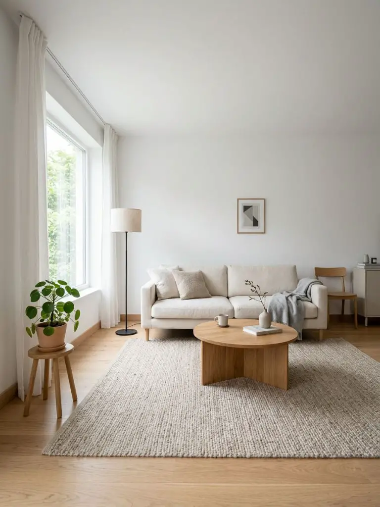 A Scandinavian minimalist living room with bright white walls, light oak floors, a simple cream sofa, and a round wooden coffee table.