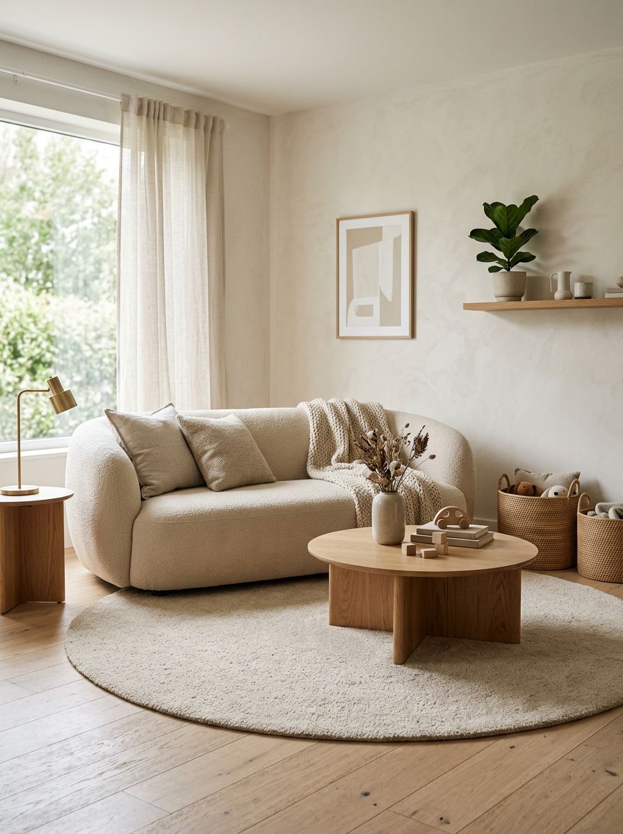 A Scandinavian-inspired minimalist living room designed with subtle play-friendly elements for families with kids.
