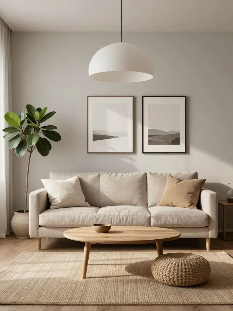 A Scandinavian minimalist living room styled with soft neutral colors and natural greenery.