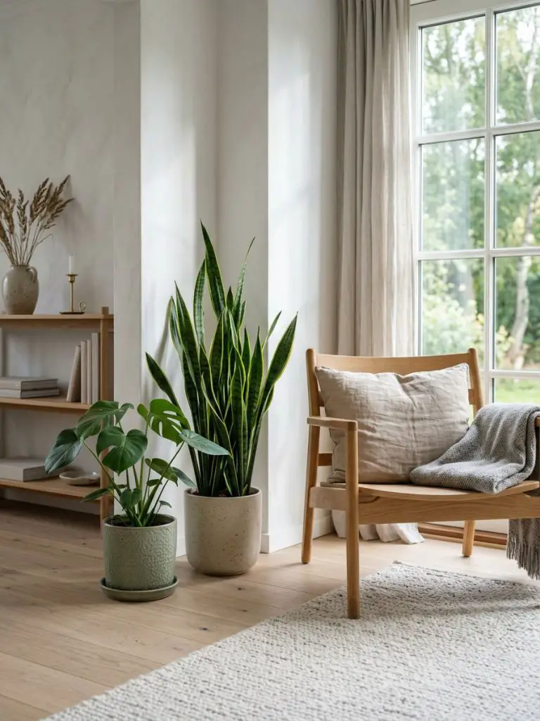 A Scandinavian minimalist living room featuring a simple plant corner that adds subtle natural charm.
