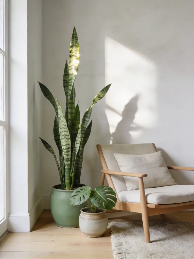 A Scandinavian minimalist living room featuring a simple plant corner that adds subtle natural charm.
