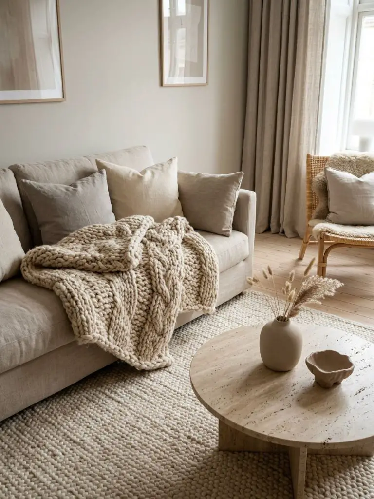 A cozy Scandinavian minimalist living room built around rich tactile textures and warm neutral layering.