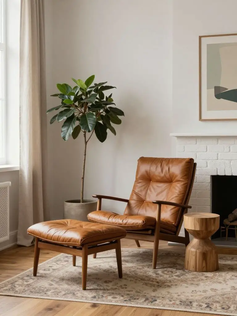 A Scandinavian minimalist lounge corner featuring a classic leather lounge chair with matching ottoman placed on a patterned vintage rug.