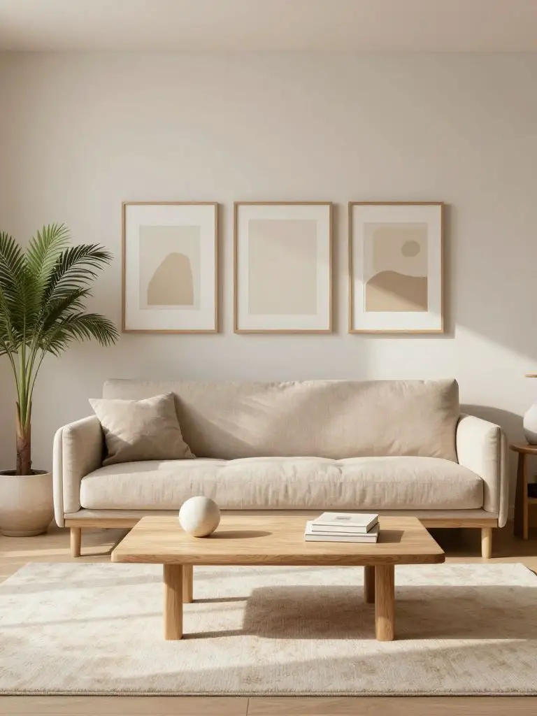 A Scandinavian inspired minimalist living room featuring a soft beige fabric sofa positioned centrally beneath a trio of simple framed artwo.