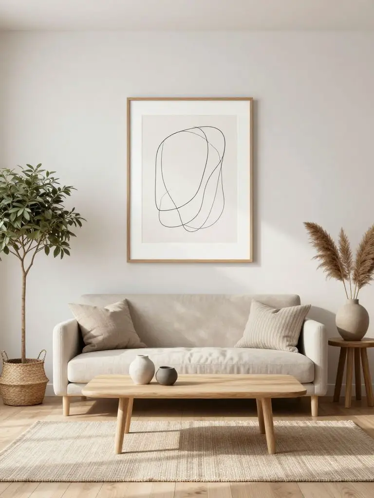 A Scandinavian minimalist living room scene featuring a single framed abstract line artwork centered above a compact neutral sofa.