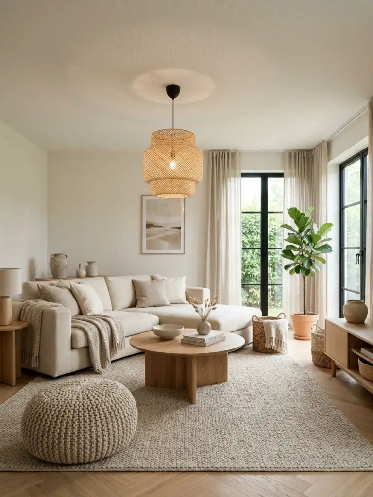 A Scandinavian-inspired natural minimalist living room designed with soft textures and layered neutral tones.