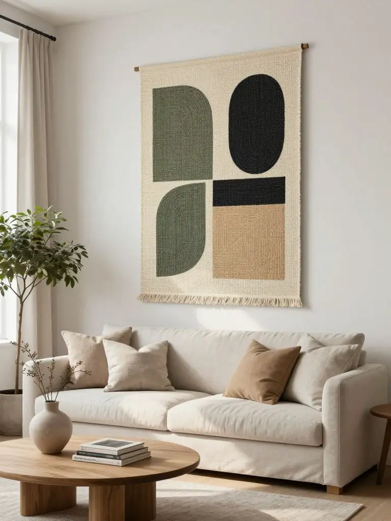 A bright Scandinavian-inspired minimalist living room centered around textile-inspired minimalist wall art.
