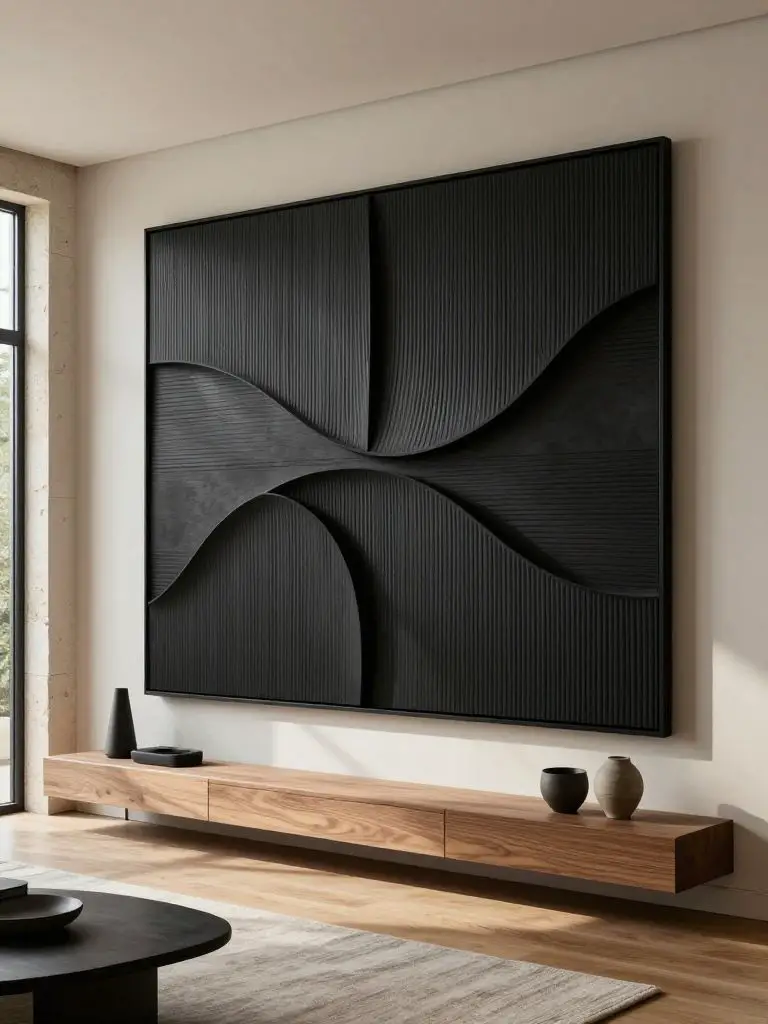 A dramatic contemporary living room designed around a large sculptural minimalist wall art panel in matte black.