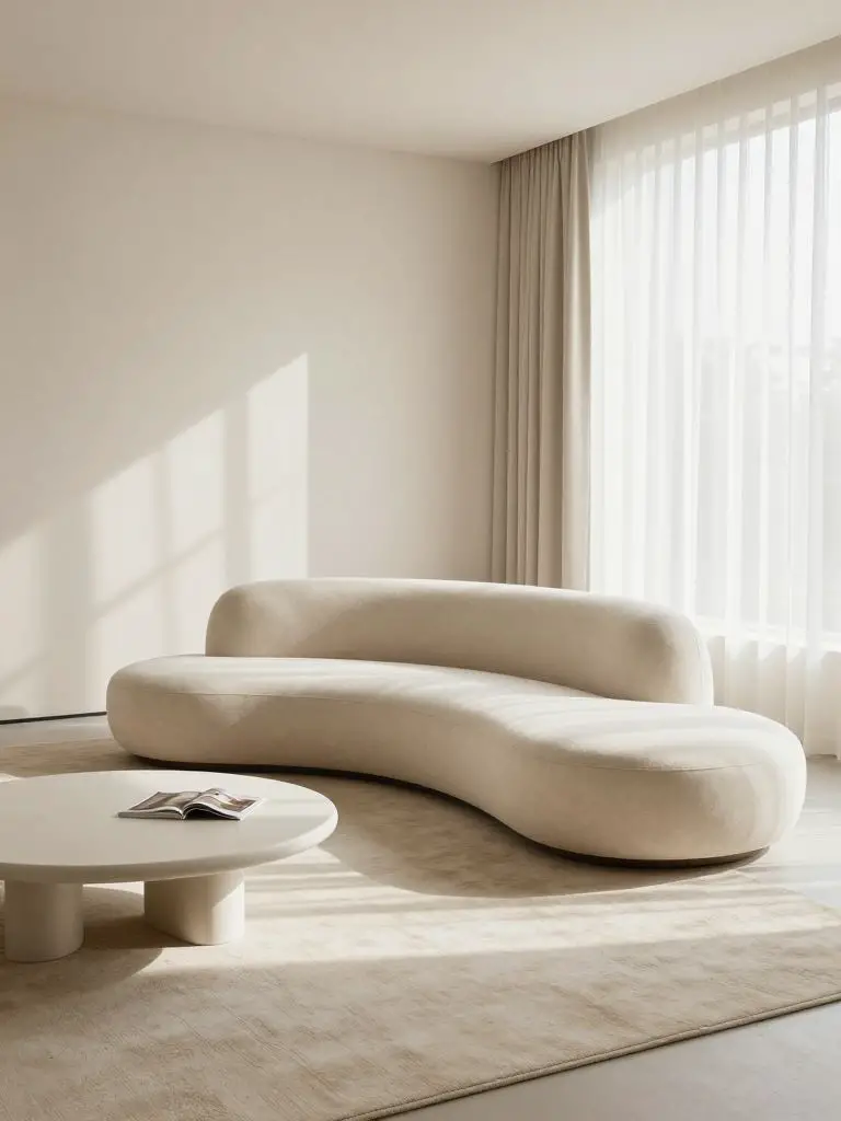 A minimalist living room designed with a sculptural curved sectional sofa in soft ivory fabric positioned diagonally across a large neutral.