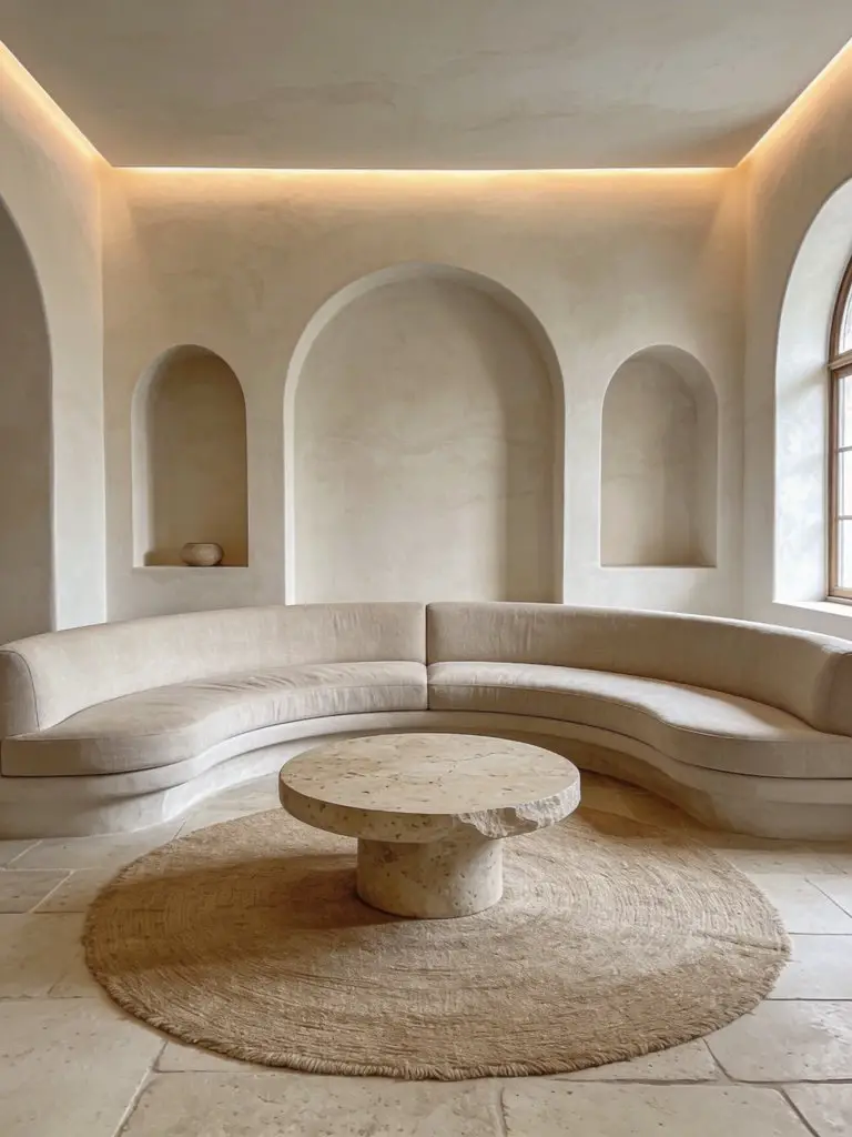 A sculptural minimalist luxury living room featuring a curved modular sofa as the hero design element.