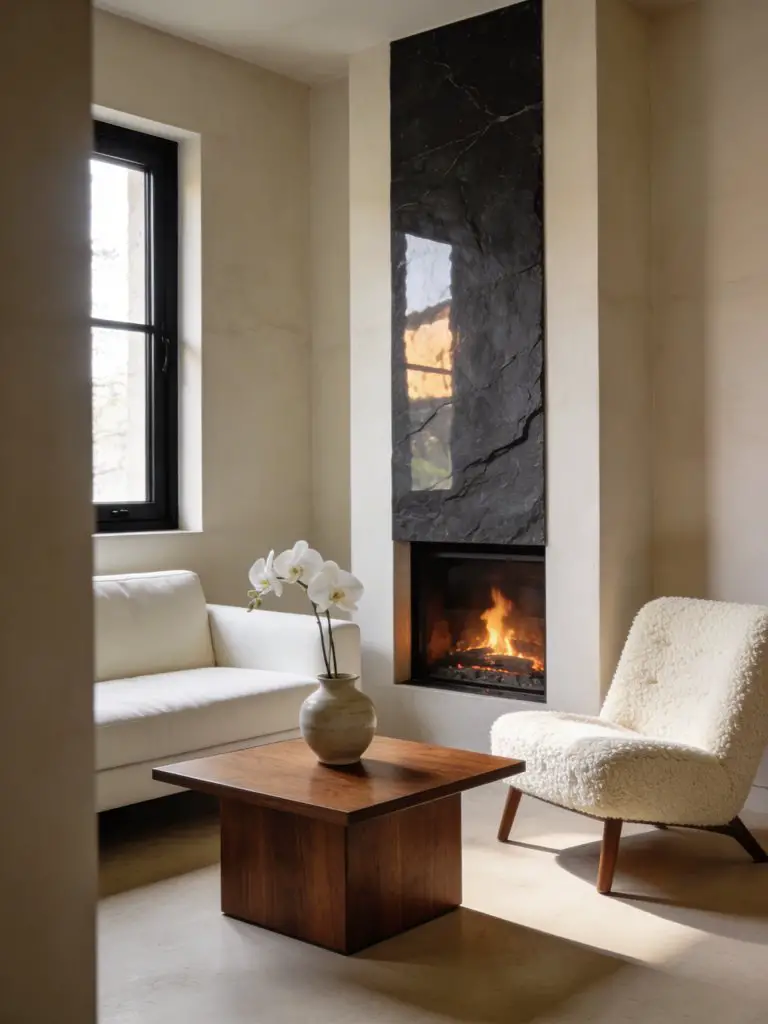 A cozy minimalist living room corner with fireplace designed in warm minimalist and Scandinavian-inspired interior style.