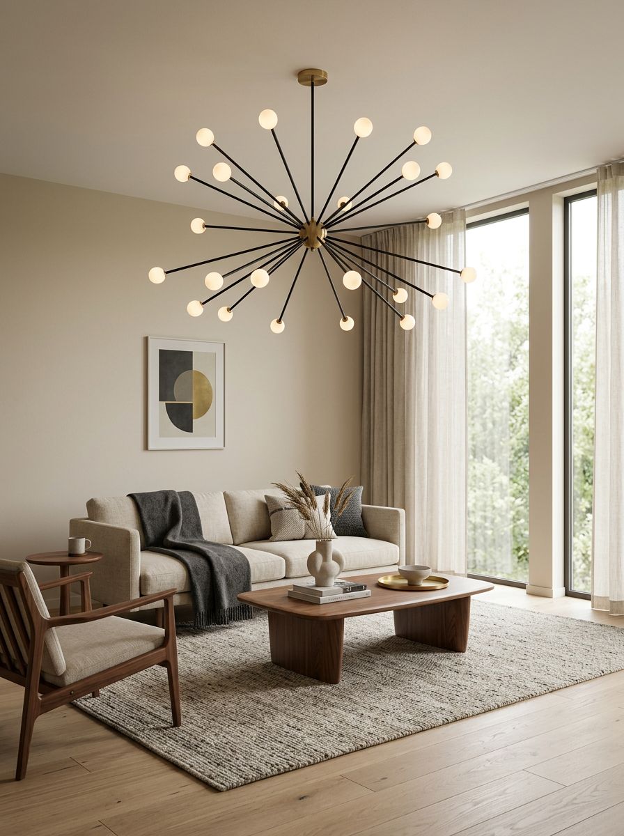 A stylish mid-century modern minimalist living room centered around a sculptural statement light fixture.