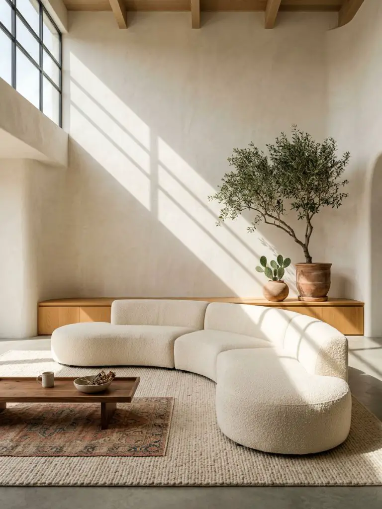 A sculptural warm minimalist living room designed with modern architecture and natural materials.