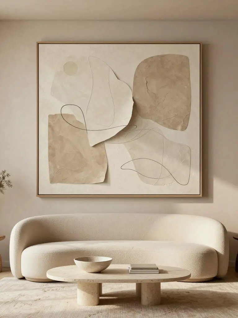A sophisticated warm minimalist living room designed around sculptural neutral minimalist wall art with organic shapes and layered textures.