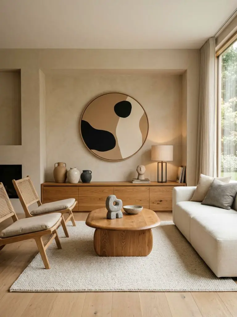A sculptural Japandi minimalist living room centered around handcrafted wood furniture and calm architectural symmetry.