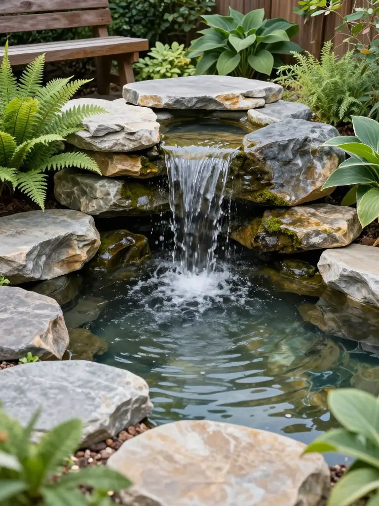 Create a serene backyard water feature with a layered stone waterfall flowing into a small pond.