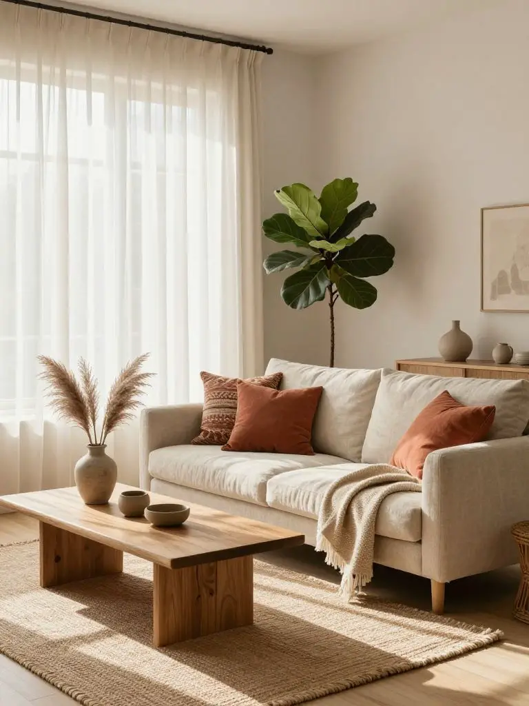 A serene cozy boho minimalist living room bathed in soft sunlight.