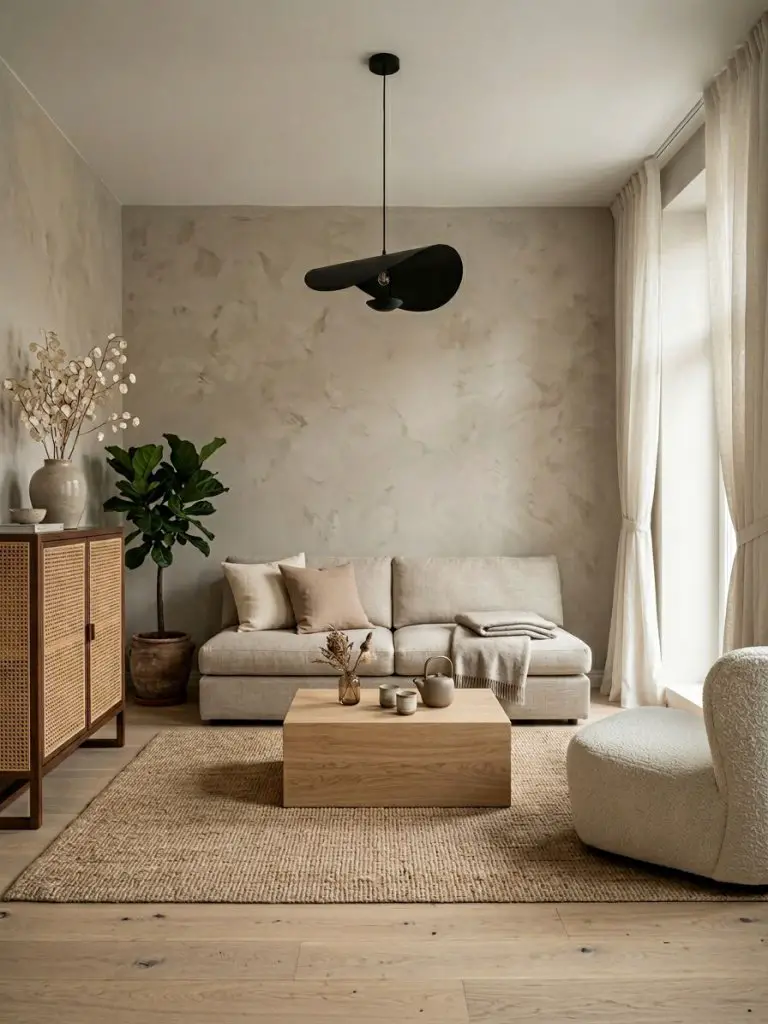 A calm Japandi minimalist living room featuring a soft neutral palette and natural woven textures.