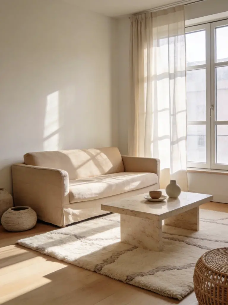 A serene minimalist apartment living room emphasizing natural light and soft textures in a small space.