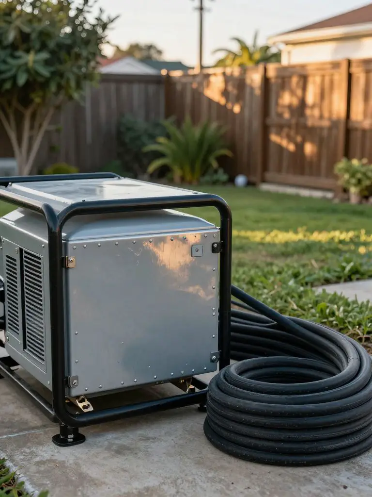 Depict a dependable home backup generator system installed on a concrete pad at the edge of a residential backyard, shot from a crouched per.