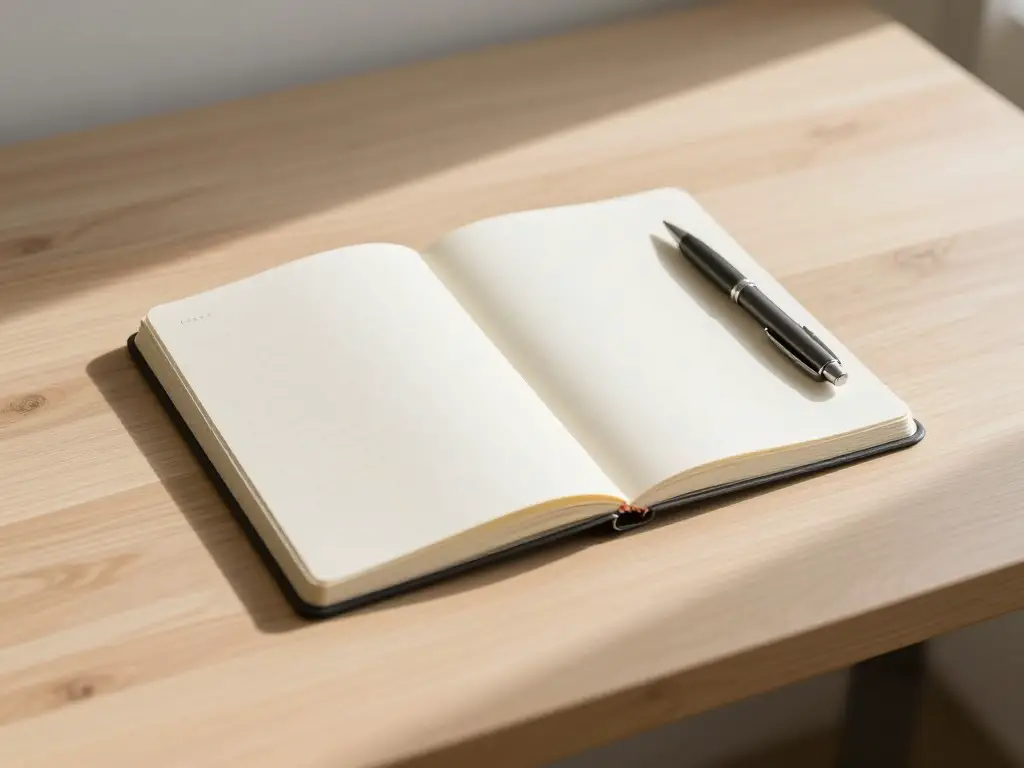 Open minimalist journal with a pen on a clean wooden desk, single handwritten line visible, soft morning light casting gentle shadows