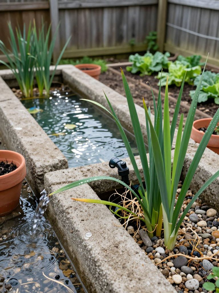 A hyper-, -style photograph of a backyard greywater system setup, focusing on a series of terracotta and concrete filtration basins filled w.