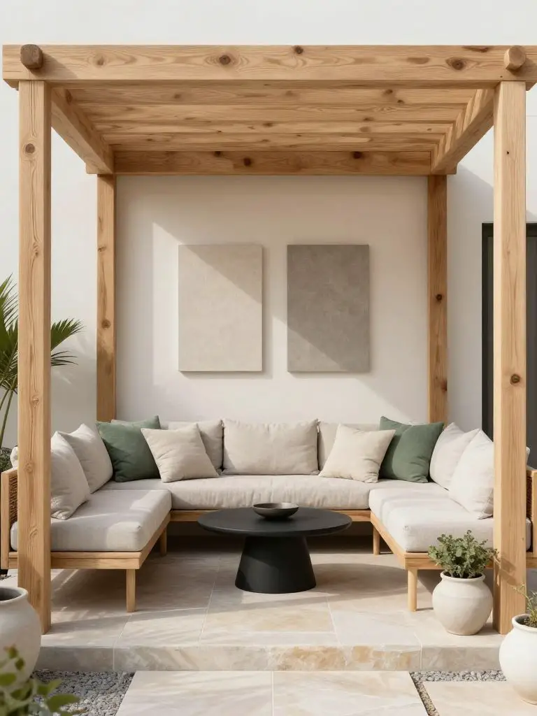 A simple DIY pergola patio in a Scandinavian-inspired warm minimalist style, featuring a light wood pergola structure framing a compact seat.