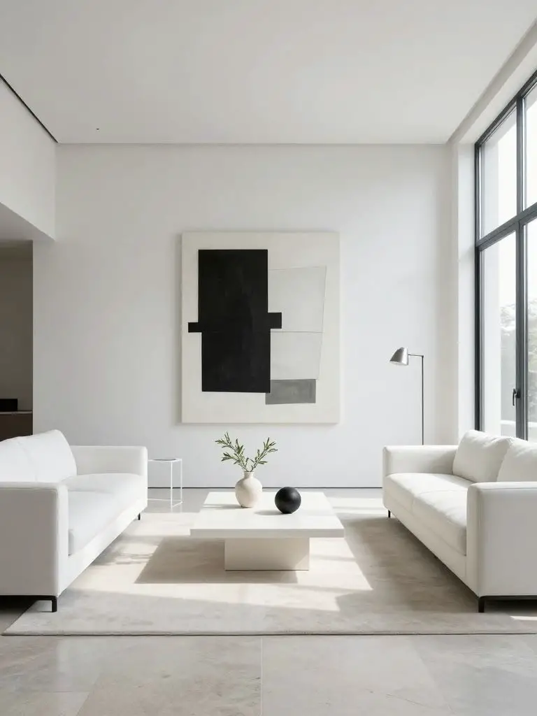 A sleek modern minimalist living room styled in a monochrome Scandinavian aesthetic.