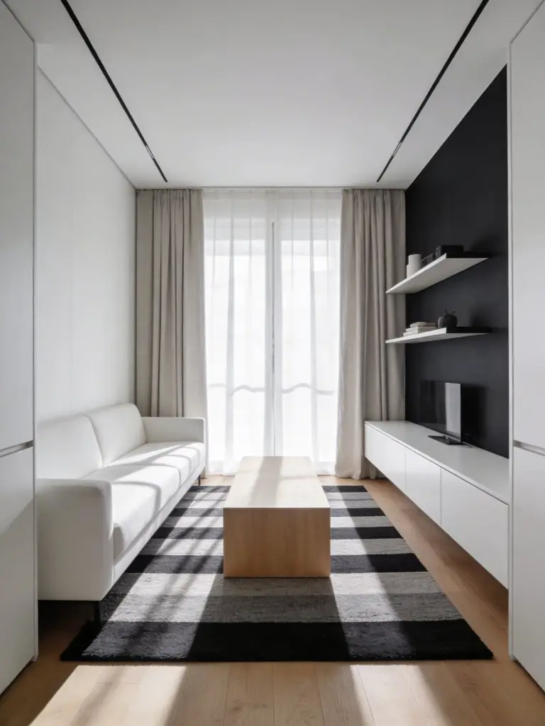 A sleek minimalist living room designed for a narrow apartment layout with a modern monochrome palette.
