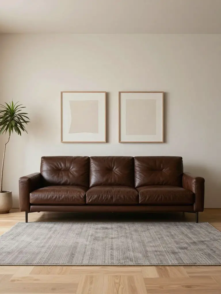 A sleek contemporary minimalist living room featuring a dark brown leather sofa placed centrally against a neutral cream wall.