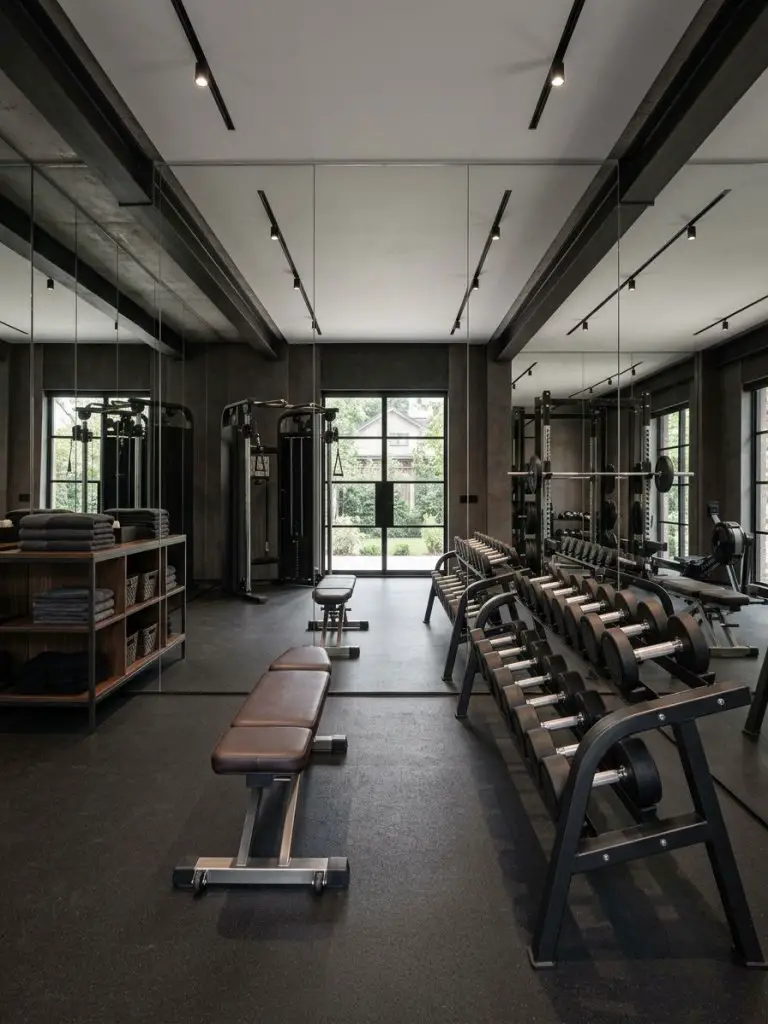 A sleek bonus room home gym designed in a modern luxury style with industrial influences, featuring matte black rubber flooring, mirrored wa.