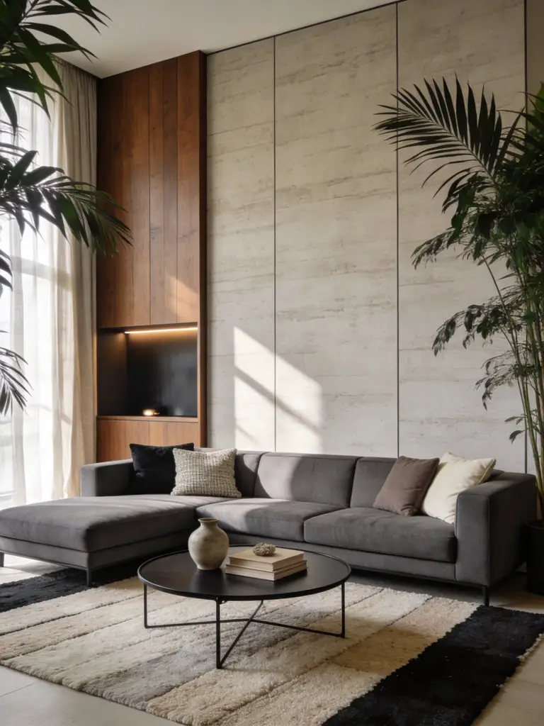 A modern minimalist living room designed around a large L-shaped grey sectional sofa in a Warm Minimalist and Modern Rustic style.