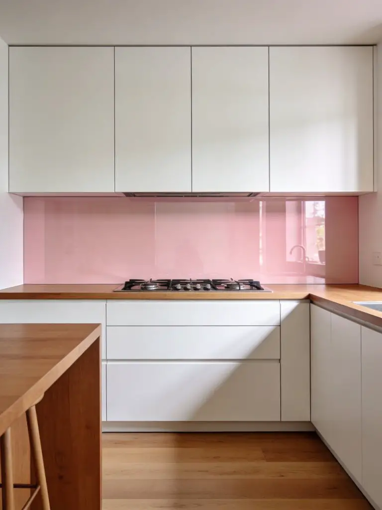 A minimalist modern kitchen with a sleek pink glass backsplash panel spanning the entire wall behind the cooktop.