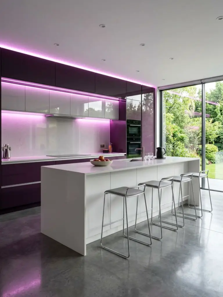 A sleek contemporary kitchen featuring high-gloss cabinetry in deep purple paired with reflective light gray upper cabinets.