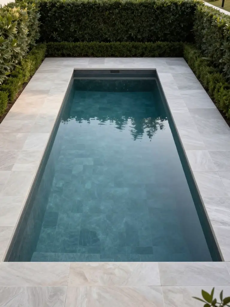 A sleek rectangular inground backyard lap pool designed in contemporary minimalist style, featuring clean lines and a structured stone patio.