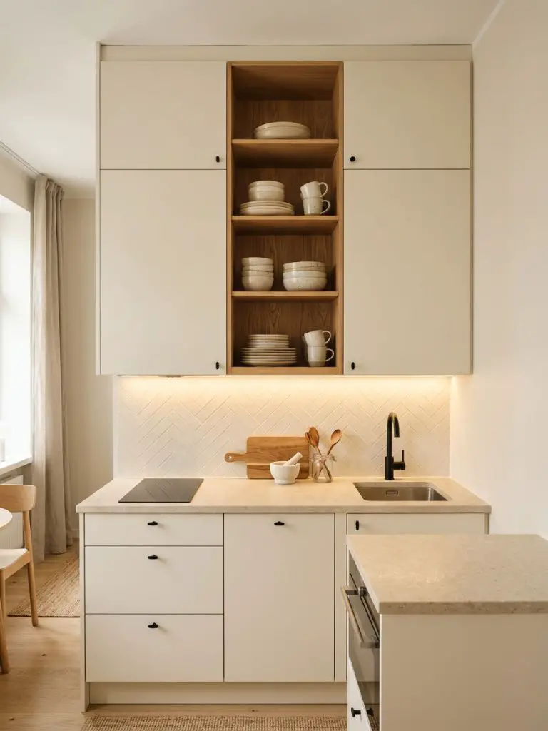 A compact kitchenette featuring a slim wall cabinet with integrated open wood niches, designed in a Scandinavian and warm minimalist style.