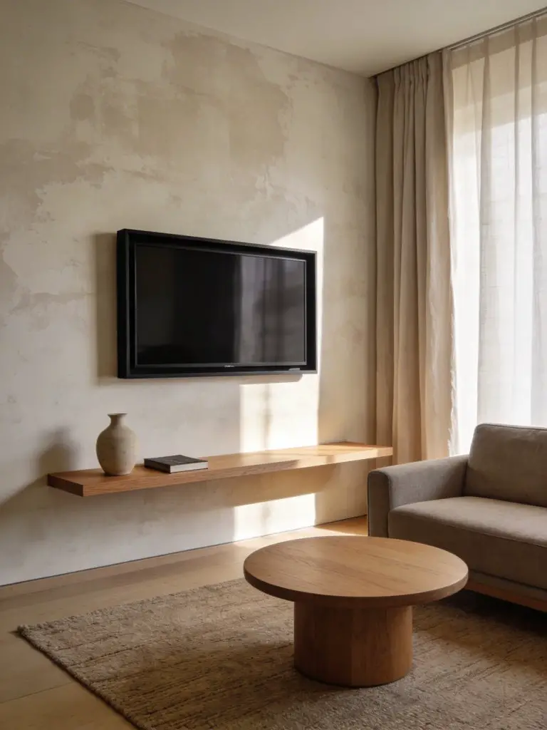 A sleek small minimalist apartment living room with a slim TV wall setup designed to save space while maintaining a clean aesthetic.
