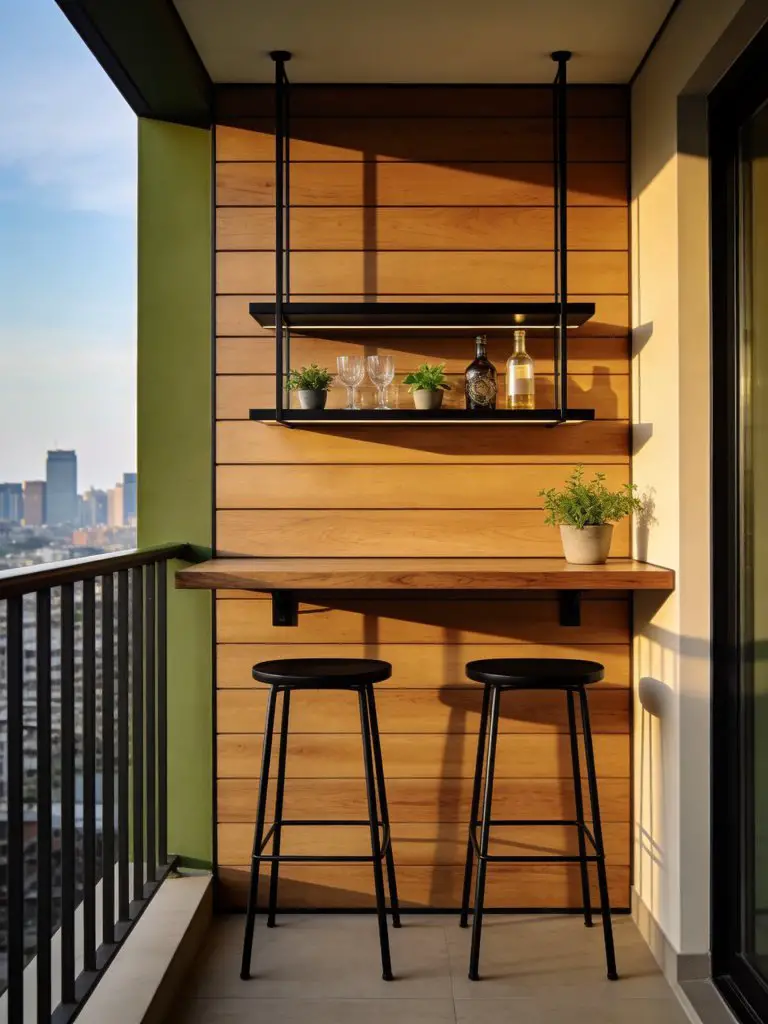 A smart small balcony design for apartments featuring a compact modern balcony bar setup perfect for entertaining in limited space.