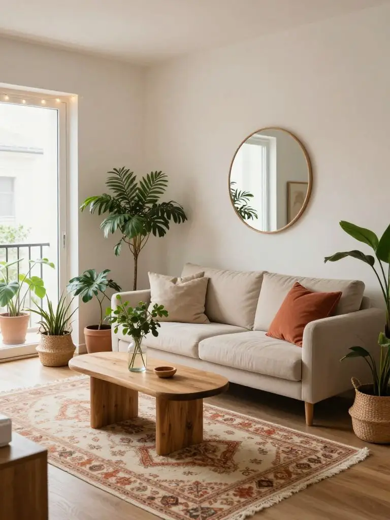 A cozy small apartment boho minimalist living room designed with clever use of space and warm natural textures.