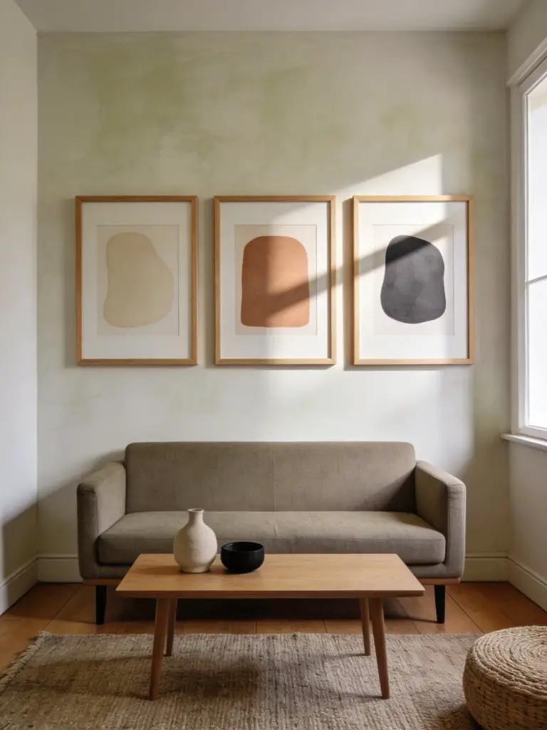 A small minimalist apartment living room featuring a subtle gallery wall that adds personality without clutter.