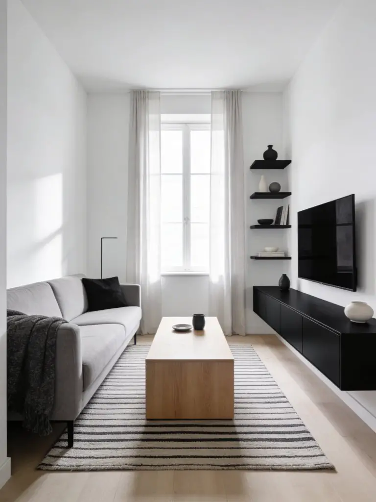 A compact minimalist living room designed for a small apartment with clean black and white contrast and efficient furniture placement.