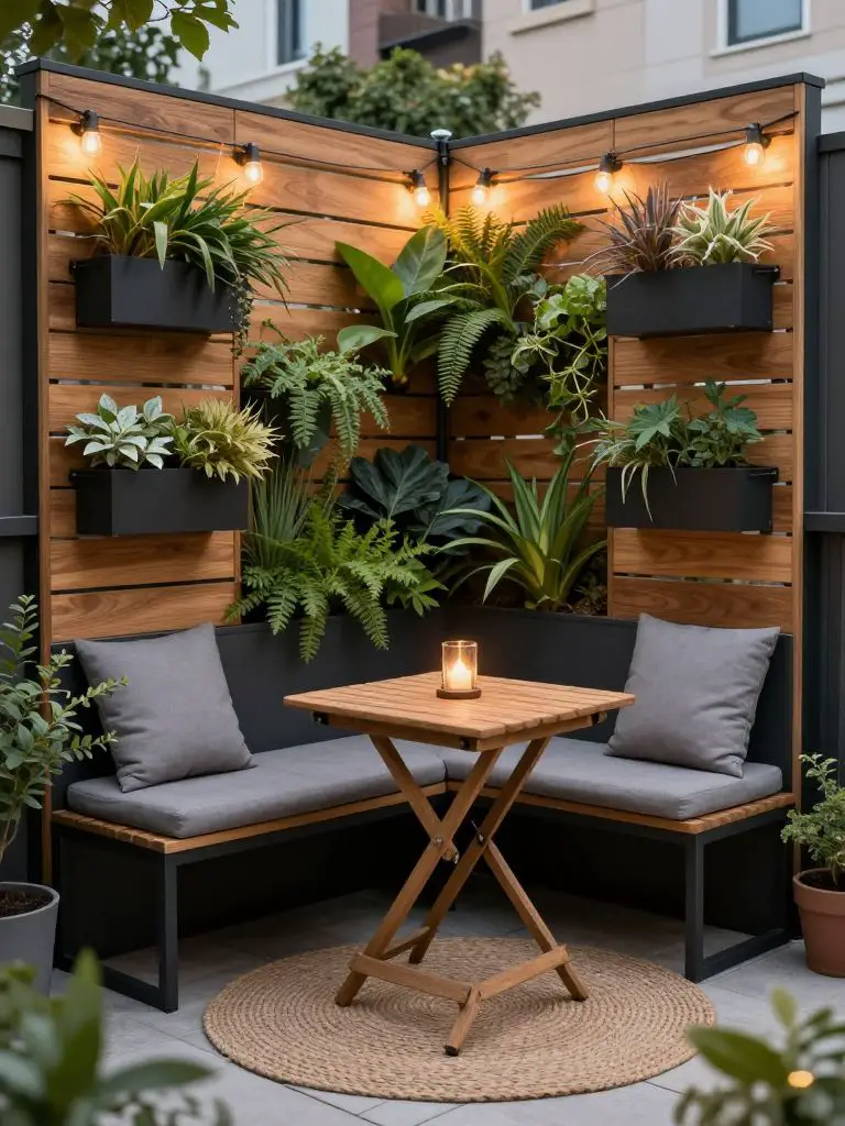 Create a small cozy backyard balcony-style setup with vertical garden wall panels and compact seating.